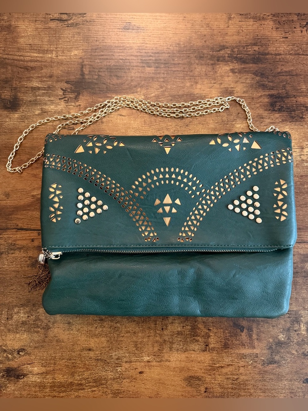 Green Laser-Cut Foldover Crossbody Clutch with Chain